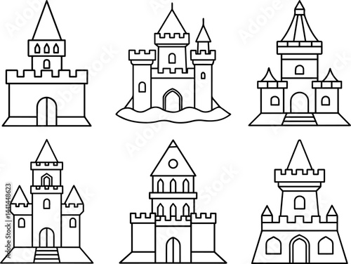 Set of castle tower outline vector illustration coloring book page line art, black outline
