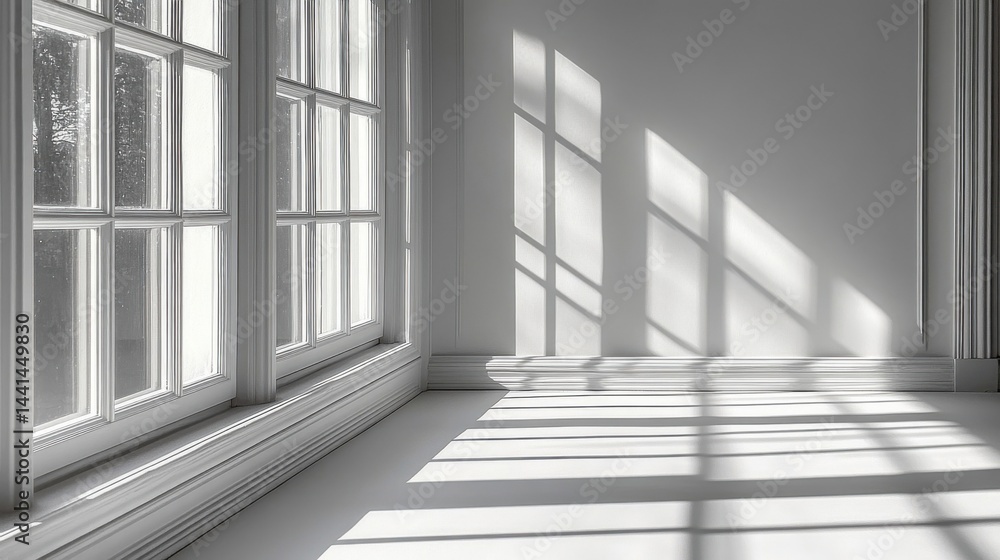 Obraz premium Minimalist White Room Interior with Window Sunlight and Long Shadows