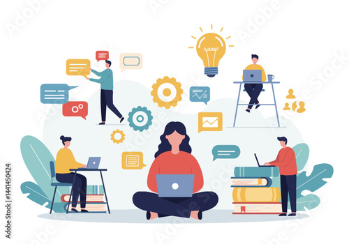 Flat vector illustration showcasing a central figure surrounded by smaller individuals engaged in various business activities and communication. Symbolic icons of ideas, data analysis, and teamwork