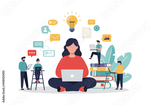 Flat vector illustration showcasing a central figure surrounded by smaller individuals engaged in various business activities and communication. Symbolic icons of ideas, data analysis, and teamwork