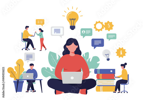 Flat vector illustration showcasing a central figure surrounded by smaller individuals engaged in various business activities and communication. Symbolic icons of ideas, data analysis, and teamwork