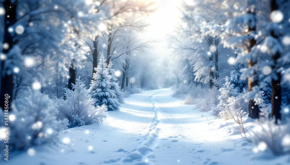Enchanting Winter Wonderland Path with Snow-Covered Trees and Sparkling Lights – Perfect for Christmas Themes and Copy Space Enchanting Winter Wonderland Path with Snow-Covered Trees and Sparkling Lights – Perfect for Christmas Themes and Copy Space