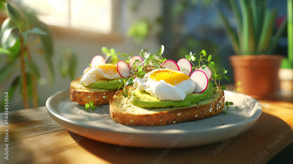 Sourdough toast topped with smashed avocado, radish slices, microgreens, and poached eggs, on a ceramic plate. Sourdough toast topped with smashed avocado, radish slices, microgreens, and poached eggs, on a ceramic plate.