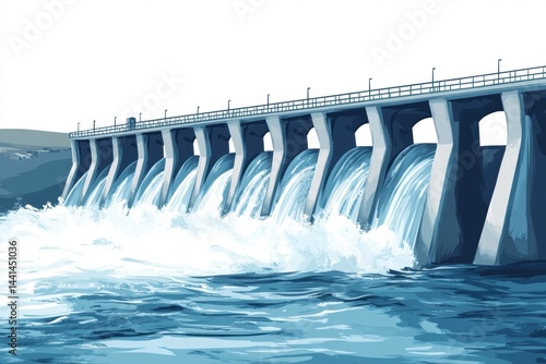 Water Splashes at Modern Dam Structure with Flowing River Scene