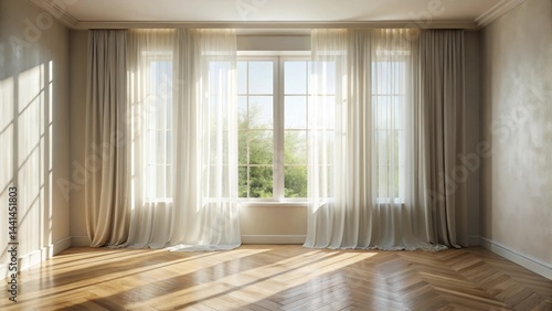 Sunlight streams through sheer curtains and drapes in a room with hardwood floors