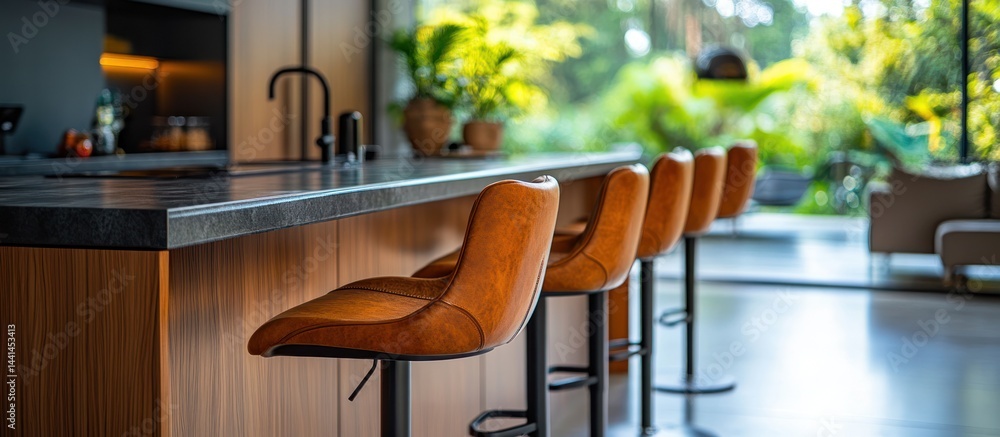 Modern Kitchen Island with Bar Stools and Garden View