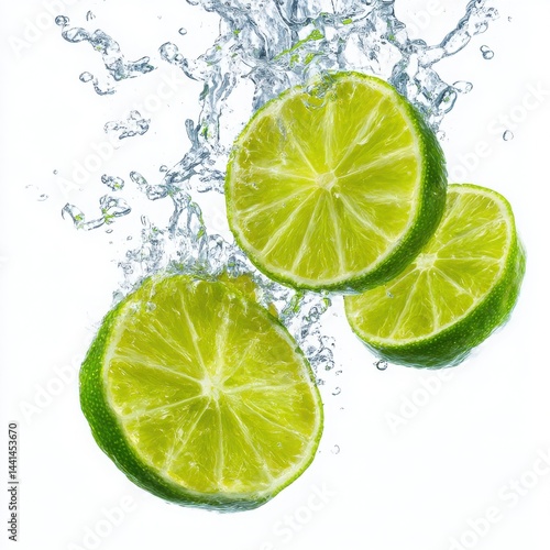 Lime slices with water splash on white background