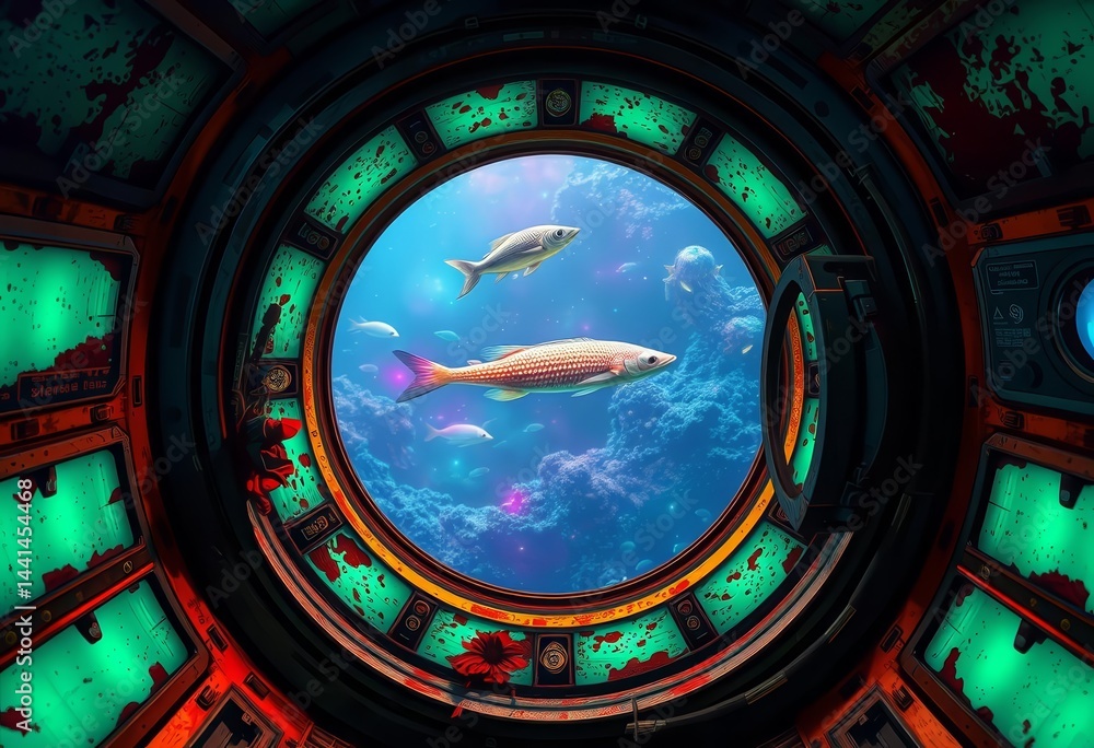 Obraz premium Cyberpunk submarine interior; rusty metal, glowing panels, bioluminescent marine life visible through porthole, control, panel
