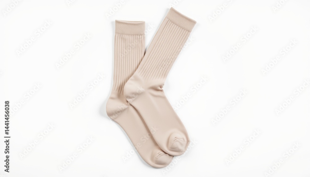 Cozy beige socks on white background, comfortable footwear for everyday wear Cozy beige socks on white background, comfortable footwear for everyday wear