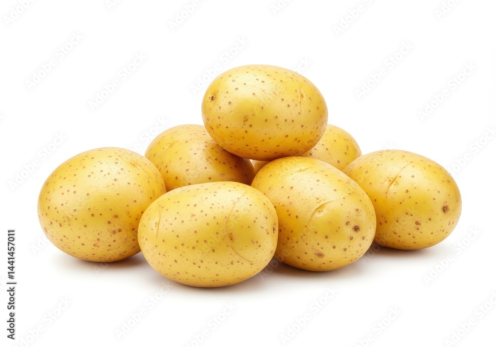 Pile of raw yellow potatoes with small spots against a white background Pile of raw yellow potatoes with small spots against a white background