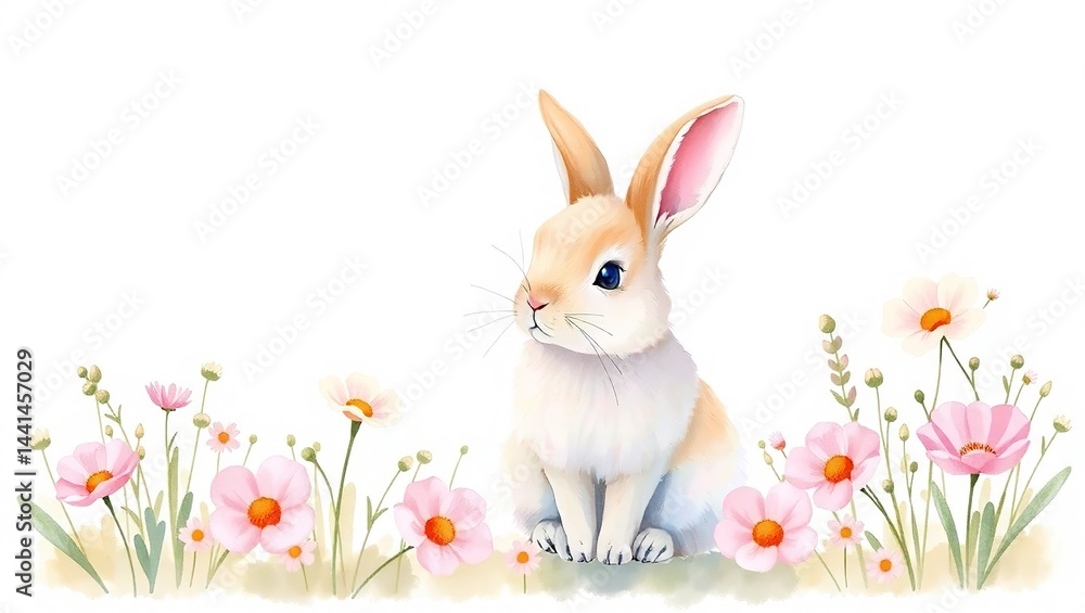 Fluffy Spring Bunny Watercolor Illustration with Copy Space Fluffy Spring Bunny Watercolor Illustration with Copy Space