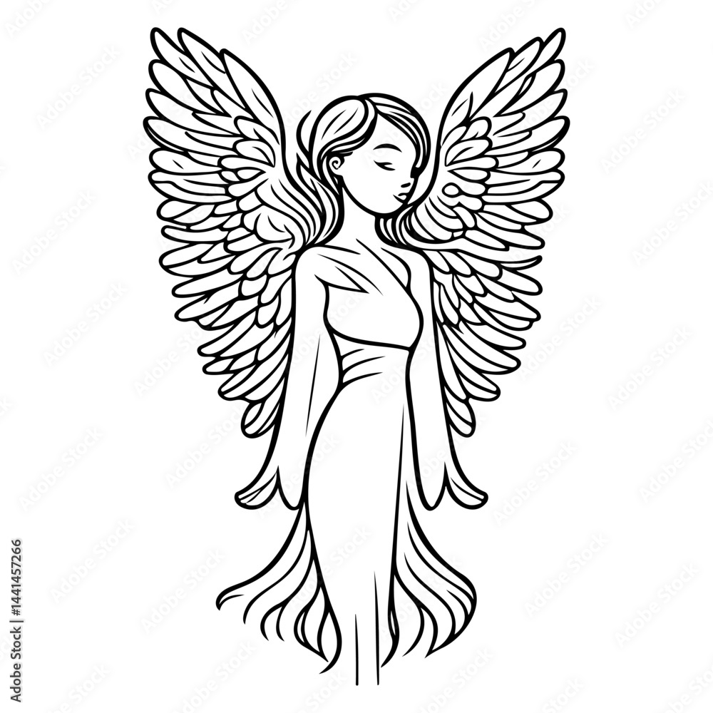 Elegant ethereal figure outlined with delicate feathery wings and flowing contours Elegant ethereal figure outlined with delicate feathery wings and flowing contours