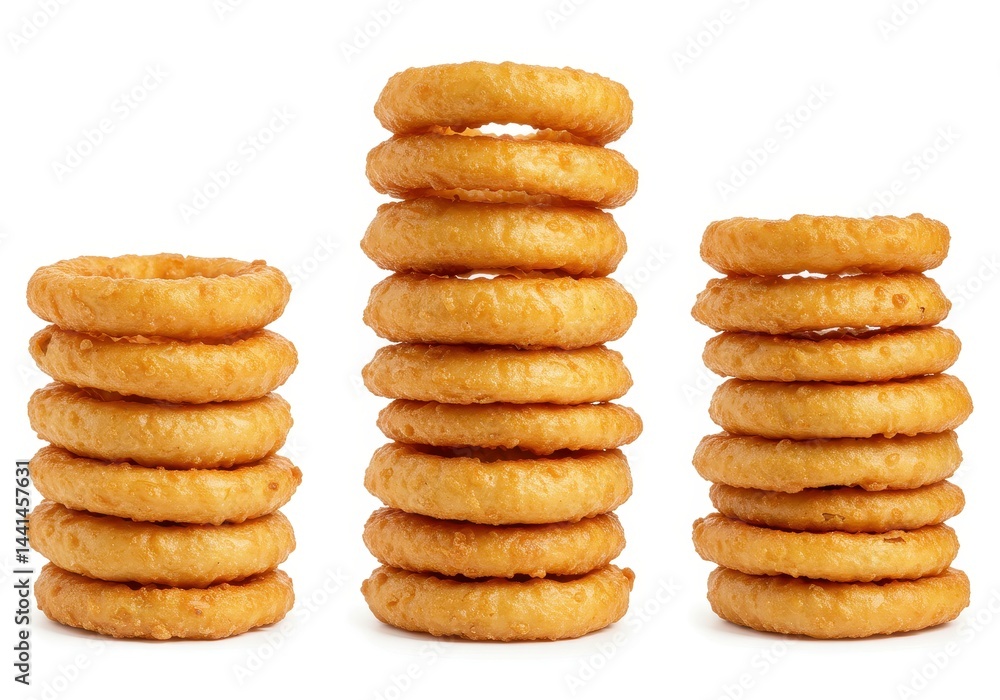 Stacks of golden onion rings on a white background, ready to eat Stacks of golden onion rings on a white background, ready to eat