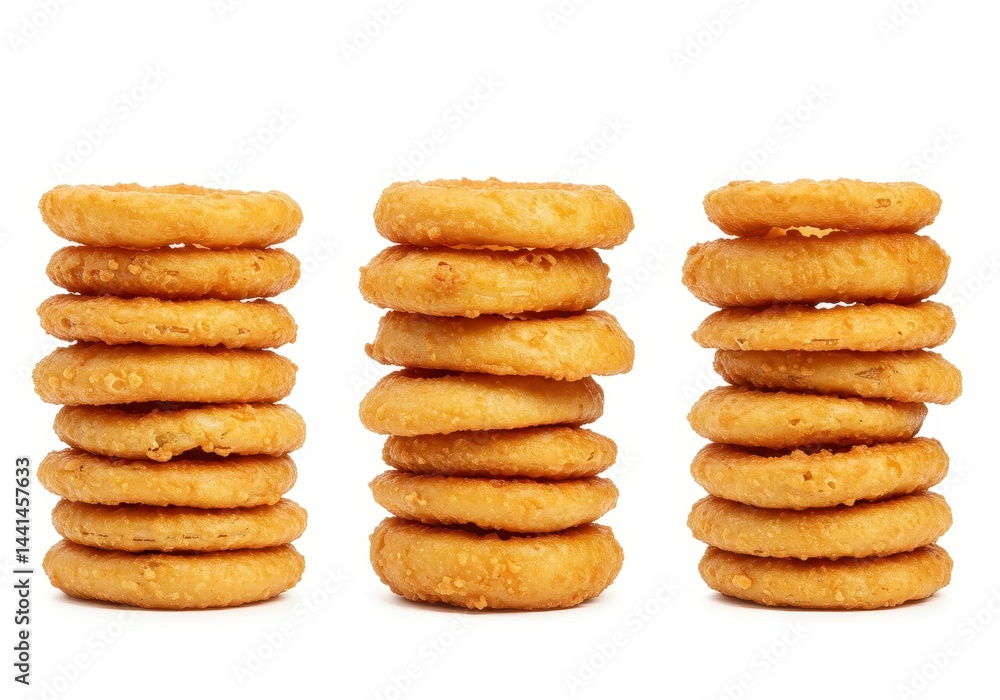 Stacks of golden onion rings on a white background, arranged in three columns Stacks of golden onion rings on a white background, arranged in three columns