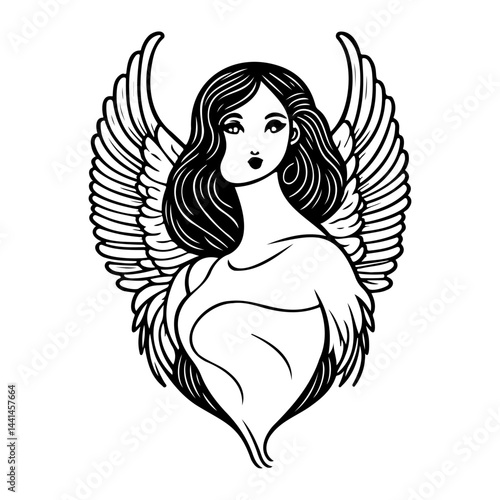 Elegant angel illustration with flowing wings and intricate linework design