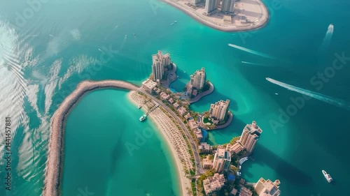 Luxury artificial island resort buildings aerial view