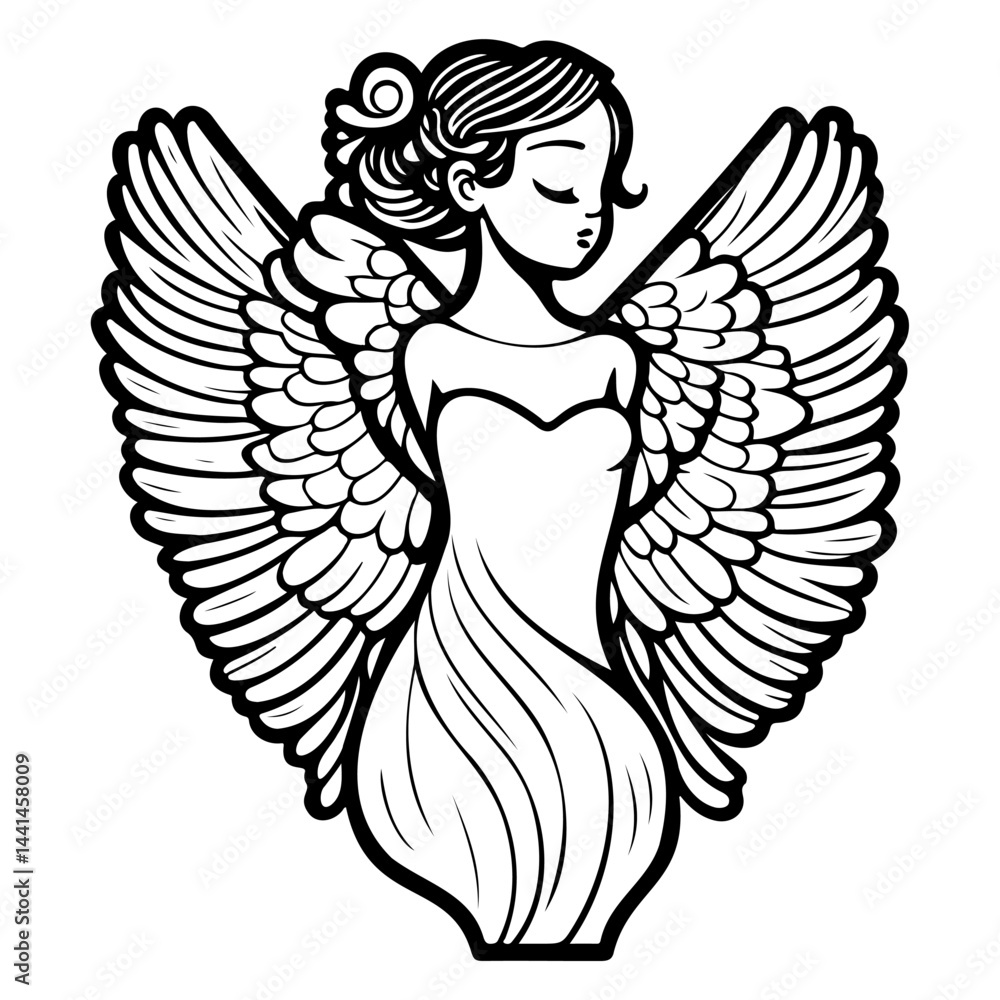 Elegant winged figure illustration with delicate linework and graceful posture Elegant winged figure illustration with delicate linework and graceful posture