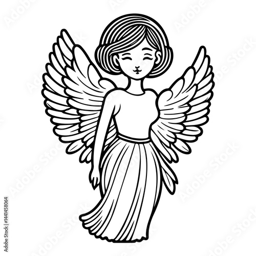 Charming black and white illustration of a serene angel with delicate wings