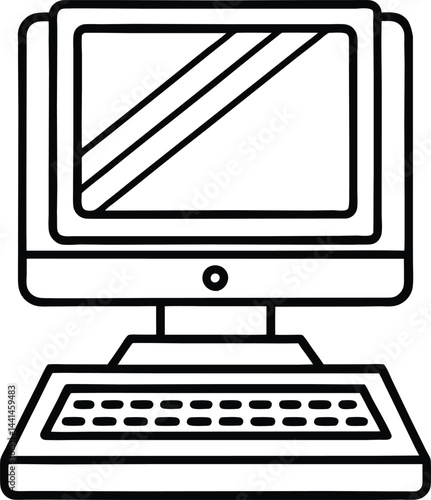 Minimalist desktop computer line drawing. Black and white PC illustration with keyboard. Simple computer vector sketch.