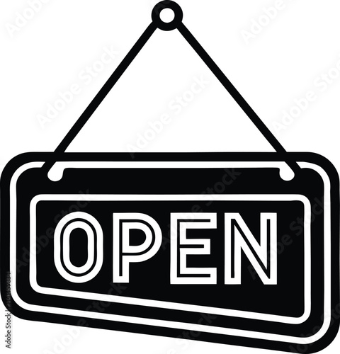 OPEN sign black and white illustration. Minimalist OPEN sign vector art. High-contrast OPEN business sign design.