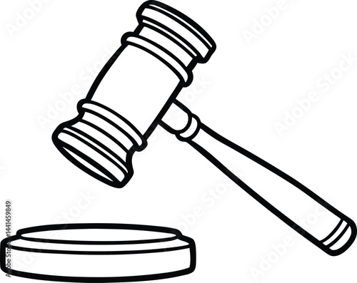 Judge gavel and sound block line drawing. Legal court gavel minimalist art. Black and white judicial symbol illustration.