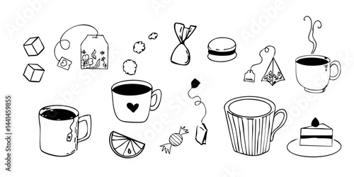 Tea or coffee beakfast, brunch lunch menu, dessert, cupcake, sweets line hand drawn textured elements, retro vintage sketch. Dolce vita breakfast doodle