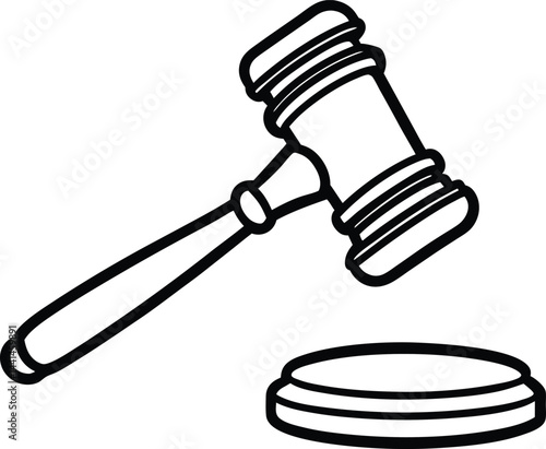 Judge�s gavel line drawing minimalist art. Courtroom gavel and block black and white sketch. Legal justice symbol illustration.