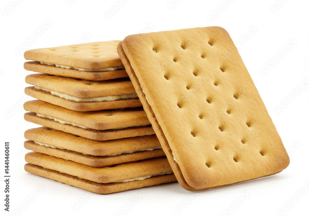 Stack of cream filled crackers with one leaning against the stack on white Stack of cream filled crackers with one leaning against the stack on white