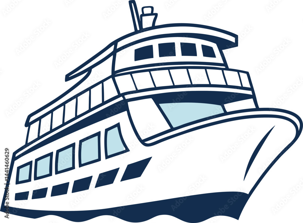 Naklejka premium Minimalist cruise ship vector art. Modern navy blue and white ship illustration. Streamlined luxury cruise liner design.