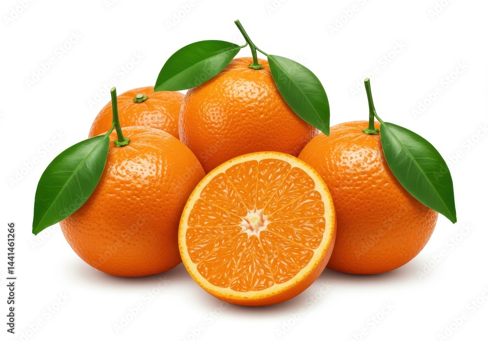 Fresh oranges with leaves and a halved orange on a white background Fresh oranges with leaves and a halved orange on a white background