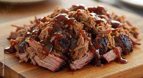 A close up shot of pulled pork with barbecue sauce on a wooden board ready to be served for dinner