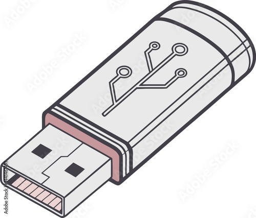 Minimalist silver USB flash drive with circuit design. High-tech digital illustration of a USB stick. Sleek metallic flash drive for data storage.