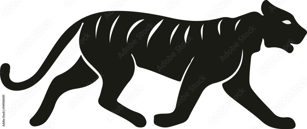 Obraz premium Minimalist black tiger silhouette walking. Elegant tiger outline on white background. Stylized tiger with negative space stripes.