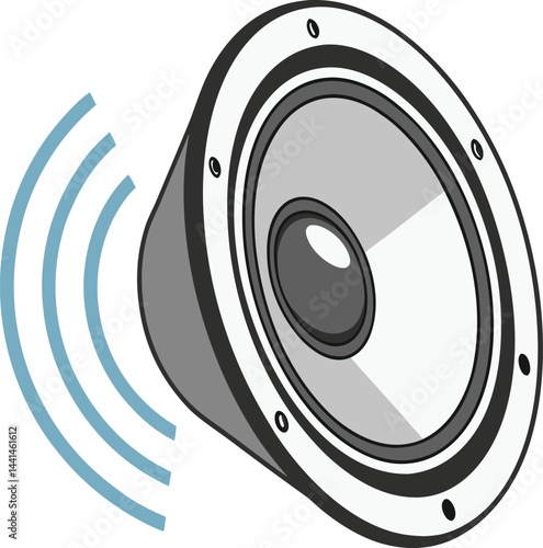 Stylized 3D speaker with sound wave illustration. Digital artwork of a modern speaker cone. Minimalist speaker design with blue sound waves.