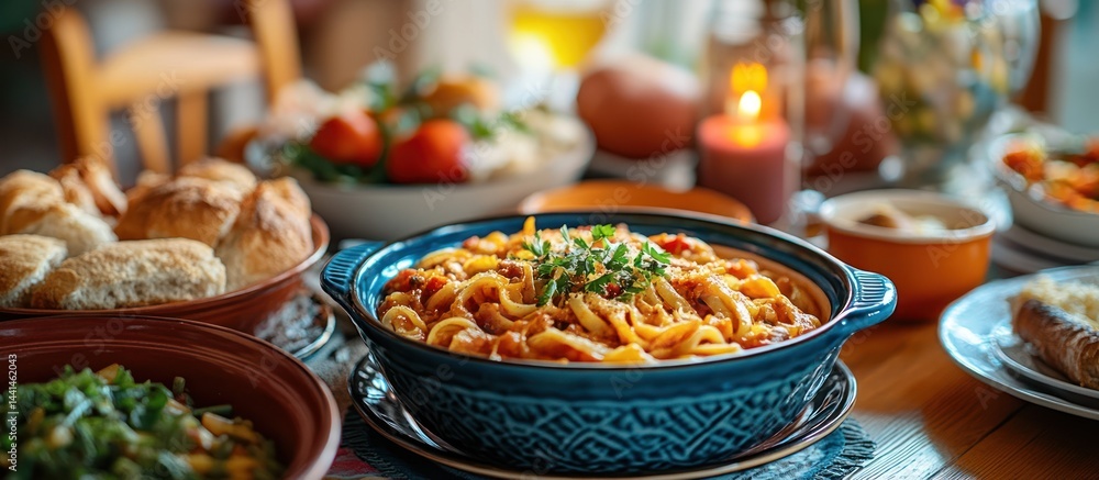 Obraz premium Pasta Dinner with Bread and Vegetables
