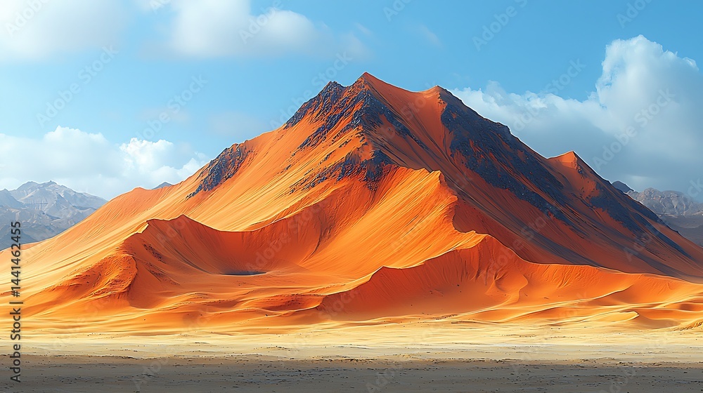 Naklejka premium Sand Dune Landscape Under Cloudy Sky with Mountain Peaks