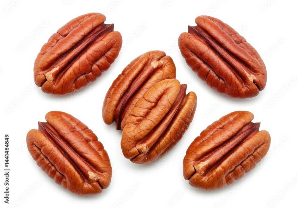 Pecan halves displayed on a white background for food photography Pecan halves displayed on a white background for food photography