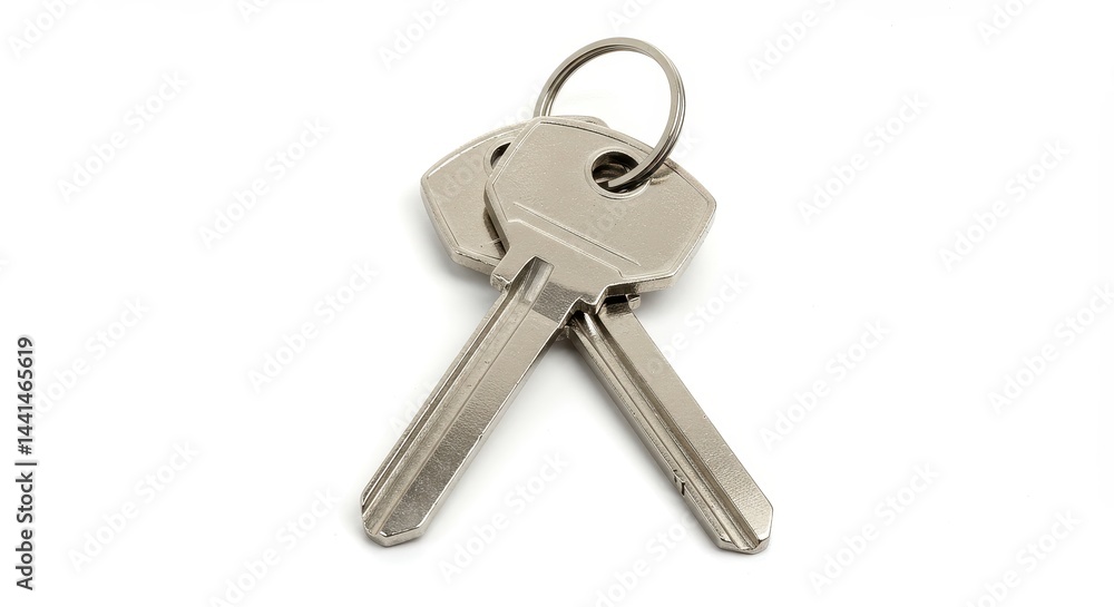 Two silver keys on a metal ring isolated on white background, close up Two silver keys on a metal ring isolated on white background, close up