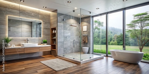 Wallpaper Mural Modern bathroom with sleek glass shower enclosure and chic tile walls, featuring a spacious floor plan and natural light pouring in through large windows , chic tile, minimalist design Torontodigital.ca