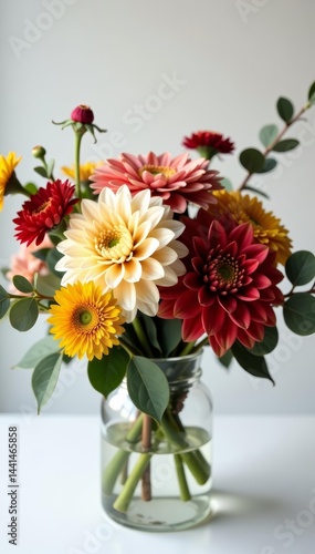 Wallpaper Mural - Elegant fall flower centerpiece with dahlias, mums, and eucalyptus leaves in a glass vase, flowers, eucalyptus, centerpiece Torontodigital.ca