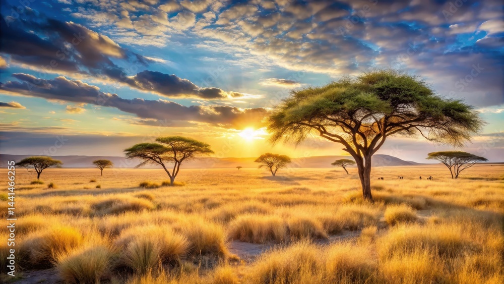 Obraz premium Desert landscape with acacia trees and golden savannah grasslands at sunset, open space