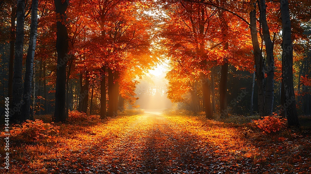Fototapeta premium Walking Path Through Autumn Forest with Sunlight and Colorful Leaves