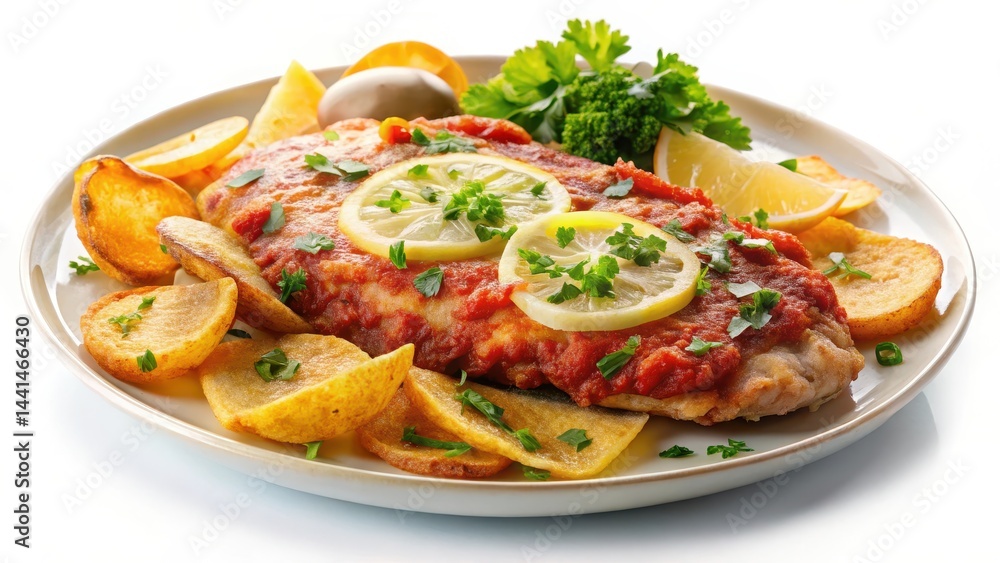 A delectable plate of chicken parmesan with crispy potato chips on a white background, garnished with fresh parsley and lemon wedges, close-up, parmesan A delectable plate of chicken parmesan with crispy potato chips on a white background, garnished with fresh parsley and lemon wedges, close-up, parmesan