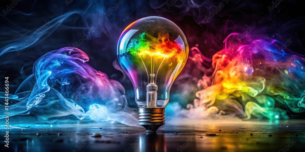 A light bulb surrounded by colorful smoke rising upwards towards the sky with water splashing in the background, radiant glow, light bulb A light bulb surrounded by colorful smoke rising upwards towards the sky with water splashing in the background, radiant glow, light bulb