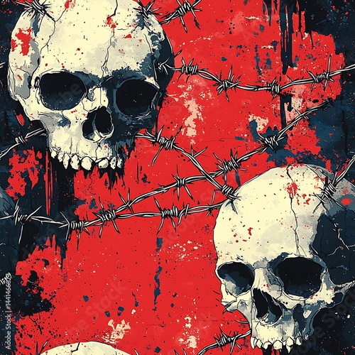 Skulls and Barbed Wire on Red Grunge Background Design