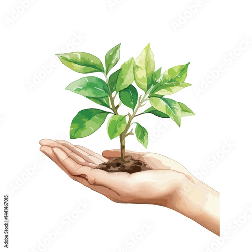 small plant growing in a persons hand cute watercolors illustration on white background