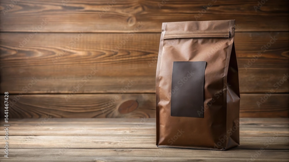Fototapeta premium Dark brown coffee package sitting on a light wooden table