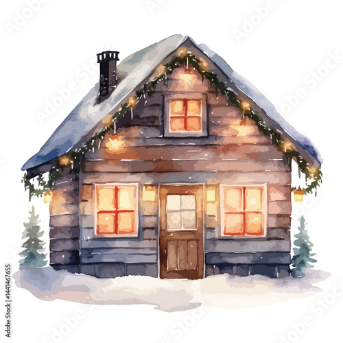snowy cabin with Christmas lights cute watercolors illustration on white background
