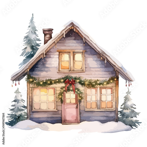 snowy cabin with Christmas lights cute watercolors illustration on white background