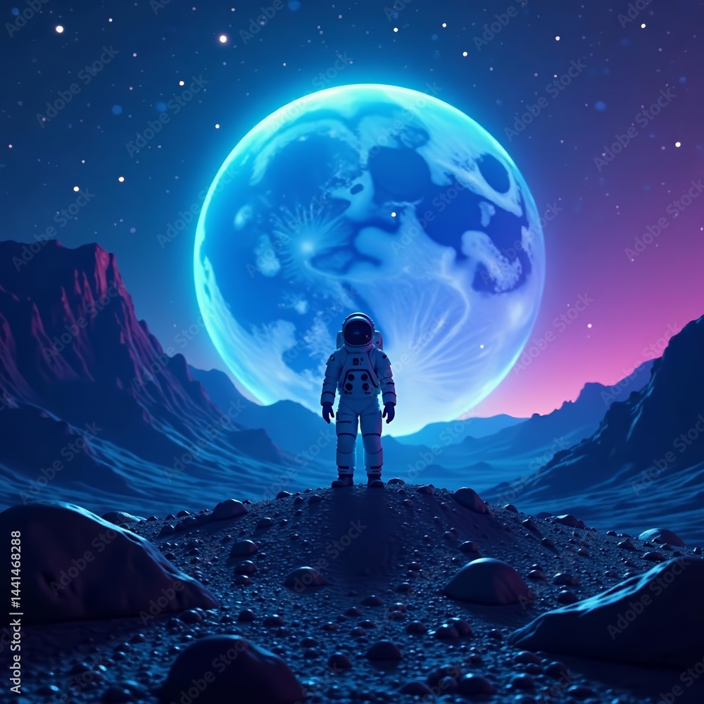Fototapeta premium Lone astronaut standing in neon blue light on alien planet, universe, science fiction, exploration